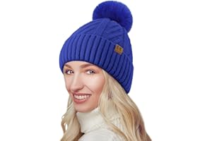 BLURBE Winter Hats for Women - Warm Knitted Bobble Hat Fleece Lined Thermal Beanie Hats Ladies Soft Ski Cuff Cap with Pom Pom