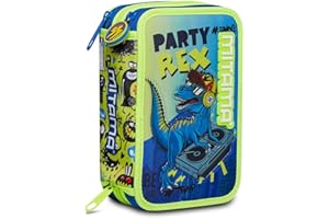 Mitama Astuccio Scuola 3 Scomparti - SUPER TRIPLO DINO DJ, Multicolore - Contenuto 47 pz - Completo di Matite, Pennarelli etc..- Portapenne Scuola Elementare Bambini