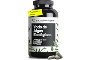 NATURAL ELEMENTS Yodo natural ecológico (Kelp orgánico) - 365 Tabletas para 1 año - Soporte para la función normal de la tiroides - 150 µg de yodo de algas pardas - Vegano, sin aditivos - Probado en laboratorio