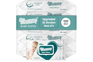 Moonwisp Baby Wipes – 400 Wipes [Upgraded XL Version], Thicker Premium Water-Based Wet Wipes, Unscented, Alcohol-Free, Ultra-Soft for Baby & All-Purpose Cleaning (Pack of 5)