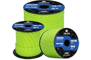 Abma Cord Paracord 3mm 50m Cuerda Paracord 100% Nylon Resistente Tipo II 3 Hebras Cuerda de Paracaídas para Exteriores - MAX. 192 kg - Reflectante Neón Verde