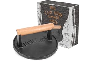PORLIK Burger Press,7 inch Hamburger Press,Heavy Duty Smash Burger Press,Round Burger Smasher for Griddle,Cast Iron Grill Press with Touch Wooden Handle，Smash Burger Press -BBQ Grilling Accessories