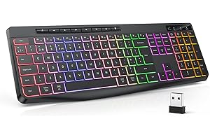 TECURS Wireless Keyboard QWERTY UK Layout, 2.4G Wireless Gaming Keyboard, LED Backlit, Ergonomic, Quiet, Rechargeable, Full Size Keyboard with Multimedia Keys for Computer/PC/Laptop/MAC/Windows