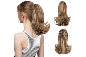 CJL HAIR Short Claw Clip Ponytail Hair Extension Drawstring Synthetic Fake Hairpiece for Women 12" Straight Ponytail with End Curls Ash Medium Brown/Ash Blonde