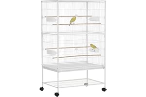 PawHut Jaula para Pájaros con Ruedas Pajarera Metálica con Bandeja Extraíble 4 Puertas 4 Comederos 4 Perchas y Estante de Almacenaje Jaula para Canarios Periquitos 78x52x132 cm Blanco