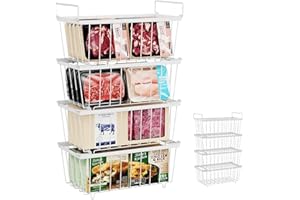 TIELAG Chest Freezer Baskets 4 Pack, Stackable Freezer Storage Baskets for 198L Chest Freezer, Freezer Organiser with Handles Easily Sort and Get Frozen Foods, Allow Air Circulation, White