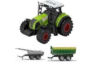 LioMaxi Scala 1:36 macchinina agricola inerziale per bambini, trinciacaricatrice, azienda agricola, agricoltura，3 effetti sonori simulati, luci, trattore + 2 rimorchi (Trattore + rimorchio)