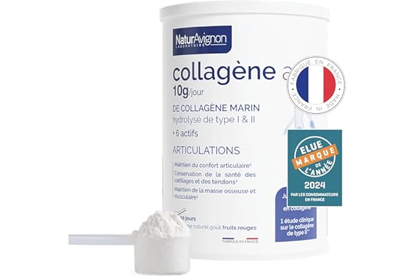 Laboratoire NaturAvignon Collagene Marin hydrolysé type 1 et 2 en poudre | Articulations, os, cartilages | 10g collagène marin par portion | Saveur fruit rouge | Fabriqué en France | 375g