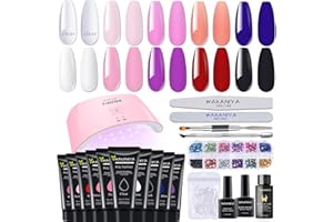 WAKANIYA Poly Nail Gel Kit with Lamp, 10 Colours Quick Poly Nail Extension Enhancement Gel Kit for Beginners DIY French Ombre Nails Art, with Slip Solution, Forms, Rhinestone