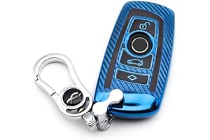 M.JVisun Soft Carbon Fiber Finish Car Key Fob Cover For BMW 1 Series 2 3 4 5 6 7 Series 5GT GT3 GT5 X1 X3 X4 M2 M3 M4 M5 M6 Electroplated TPU Case With Metal Keychain - Blue