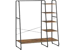 VASAGLE Burro Perchero, Perchero con Zapatero, 5 Estantes de Almacenamiento, 6 Ganchos Laterales, Dormitorio, Sala de Estar, Pasillo, Diseño Industrial, Marrón Rústico y Negro Mate RGR116B01