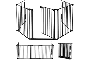 Aufun Kaminschutzgitter Metall mit Tür, 5 Elemente, Absperrgitter Ofenschutzgitter faltbar, Konfigurationsgitter für Kinder-Sicherung, 300x75 x60cm (Schwarz)