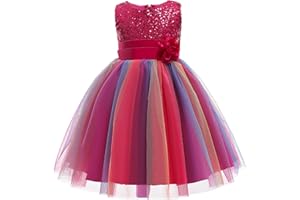 M MUNCASO Filles Princesse Robe Paillettes Tulle Fleur Arc-En-Ciel Col Rond Sans Manches Robe Formelle Fête D'anniversaire Mariage Demoiselle D'honneur Fille Robes De Soirée Enfant Bébé Âge pour 3-9 Ans
