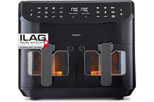 ‎MEDION MEDION P20 XXL Heißluftfritteuse mit 2 Kammern MD11760 (8,7 Liter, Airfryer, 2.600 Watt, Doppelkammer, 10 Automatikprogramme, 2 Schubladen, Sichtfenster, Dualer Airfryer) schwarz