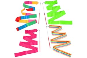 ANCIRS 4 Pack 2-Meter/ 78.7inch (6.56 ft) Dance Ribbons, Rainbow Streamers Rhythmic Gymnastics Ribbon, Baton Twirling Wands on Sticks for Kids Artistic Dancing