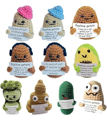 Aolso Grappige positieve aardappel, gebreide aardappelpop met positieve kaarten, creatieve aardappelpop, mini-pluche potato pop, veel geluksgeschenken, motivatiegeschenken (L-kaki/bruin