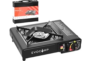 EVOCAMP Réchaud de Camping à Gaz avec Allumage Piézo, Réchaud à Gaz Portable pour MSF-1a 227g Bouteille de Gaz, Cuisinière à Gaz avec Etui