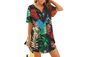 Ekouaer Damen Strandkleid Spitze Strandtunika V Ausschnitt Kurz Sommer Strandponcho Bikini Cover Up S-XXL