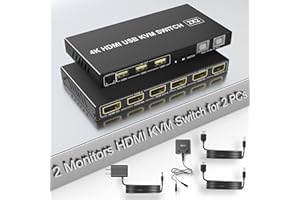 YEEMIE PRO Commutateur KVM HDMI double moniteur 2 ordinateurs 4K@60Hz, commutateur KVM HDMI à affichage étendu double moniteur 2 en 2 sorties avec port USB et audio, commutateur KVM HDMI 2 ports