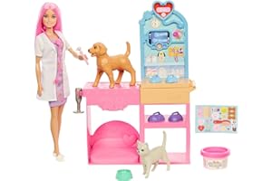 Barbie - Clinica Veterinaria di Pronto Soccorso, Set con Bambola dai Capelli Rosa, Arredamento, Pasta modellabile e 10 Accessori a Tema Inclusi, Giocattolo per Bambini, 4+ Anni, JFX93