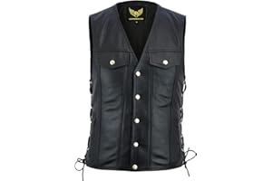 Leatherick Gilet da motociclista unisex, in vera pelle, con lacci laterali e bottoni cromati, stile denim (4XL)