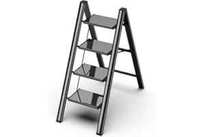 GameGem 4 Stufen Leiter, klappbarer Tritthocker mit breitem Anti-Rutsch-Pedal, leichtes und dennoch stabiles Aluminiummaterial, 150 kg Tragkraft, hübsches, modernes Aussehen für den Innenbereich