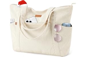 Lekespring Cord Tasche Damen, Groß Tote Bag Strandtasche mit Reißverschluss, Shopper Tasche Damen Laptoptasche mit 17 Zoll Laptopfach, Elegant Handtasche Umhängetasche für Arbeit Schule Gym-Beige
