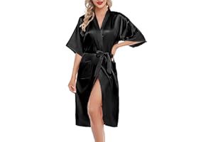Lovasy Peignoir Satin Femme Robes de Chambre et Kimonos de Mariée Robes de Chambre Soie Court Kimono Col V avec Ceinture