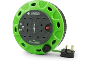 Desiretech - 4 Socket Extension Lead - 5m Portable Cable Reel - Thermal Cut Out, Ergonomic Handle, Green/Black - Heavy Duty Extension Cord for Indoor Use (5 Metre)