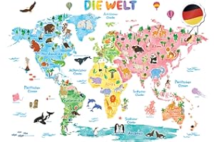 DECOWALL DLT-1615DE Niemiecka mapa świata zwierząt (bardzo duża) Naklejki ścienne dla dzieci Naklejki ścienne Peel and Stick Zdejmowane naklejki ścienne dla dzieci Przedszkole Sypialnia Salon