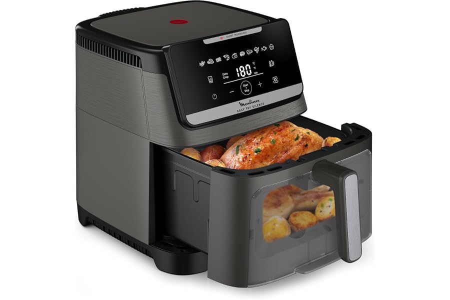 Moulinex Easy Fry Silence 7L, Quiet and Compact Air Fryer, Up to 8 People, Removable Basket Front, Display Window, EZ846HF0
