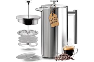 KICHLY Fransk presskaffebryggare i rostfritt stål- Espresso- och tebryggare med trippelfilter- Värmebeständigt glas med stålk