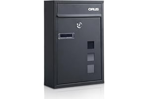 Orus Modern Wall Mounted Letterbox, Steel Post Box with Nameplate and Lock, 25.5 x 11.5 x 39.5 cm, Black