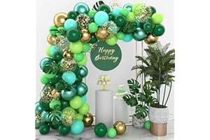 PATIMATE Kit per arco di palloncini verde blu, 145 pezzi, arco a palloncino verde scuro con coriandoli verdi blu oro e foglie di Monstera, palloncini verdi per baby shower, feste di compleanno nella giungla,