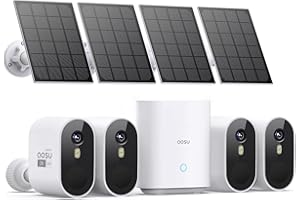 aosu 2K Telecamera Wifi con Pannello Solare, 4 Kit Telecamera Wi-Fi Esterno Senza Fili, Videocamera con 166° Ultra-Wide View, Permanent Power, Focus Camera, 32G Local Storage, Nessun Canone Mensile
