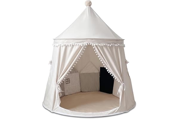 Barn tipi tält hopfällbart inomhus småbarn lektält med knytgardin och ventilationsfönster, ljusbeige