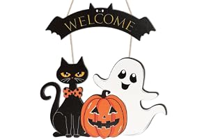 Halloween dekoration dörrskylt, ytterdörrdekoration, 45 cm halloween välkommen skylt, pumpa, spöke, svart katt, lämplig för fönster, väggar, trädörrar, inomhus utomhusdekorationer, halloweenfester