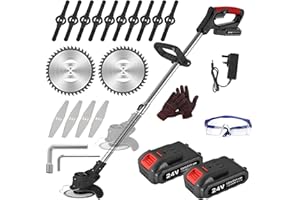 SMILOVII Débroussailleuse Électrique sans Fil 24V, Coupe Bordure sans Fil avec 2 Batteries 2000mAh, 6 Lames Métal & 10 Lames Plastique pour Jardin, Pelouse et Désherbage