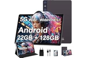 ‎ZIOVO ZIOVO Tablet 10 Inch with 22GB RAM + 128GB ROM (1TB TF), Android 14 with 5G WLAN | Widevine L1 | Octa-Core 2.0 GHz | GMS | 8000mAh | FHD 1280 x 800 | 5+8MP | BT 5.0 | AGPS | Tablet with Case - Grey