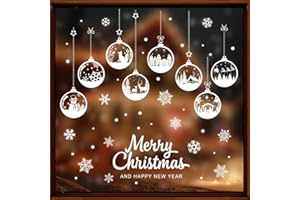 BETESSIN 5 Fogli Adesivi Finestra Natale Vetrofanie Palline di Natale Fiocco di Neve Adesivi Bianchi Natalizi Cappoanno Rimovibile Fai da te Decorazione Addobbi Natale Stickers Statico