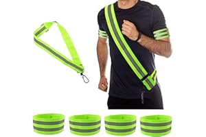 BAFIWU Reflective Running Gear, High Visibility Safety Reflective Sash with Buckle, Adjustable Reflective Belt Running Vest with 4 Reflective Armbands for Night Walking Cycling Running Accessories