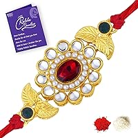 Sukkhi Sleek Gold Plated Floral Rakhi for brother with Roli Chawal and Raksha Bandhan Greeting Card For Men (RAK73418)