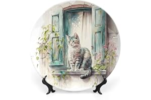Gokays Decorative Plates for Wall Hanging, Cat on The Window Spring Painting Ceramic Plate, Wobble-Plate with Display Stand, Home Decor for Kitchen Cabinets, Farmhouse Round Tray 18 CM