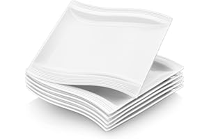 MALACASA Série Flora 6 Assiettes Plates Carrées en Porcelaine, Grandes Assiettes Blanches 26 cm pour Pâtes Dîner et Bifteck, Assiettes Service de Table Passe au Micro ondes et au Lave-vaisselle