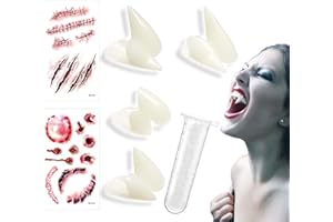 RUIXUE® Vampire Teeth,2 Scary Stickers, 5 Pieces Vampire Fangs Kit 4 Sizes, Vampire Teeth with 1 Tube Teeth Pellets Adhesive, Vampire Catches for Cosplay Party Props, Vampire Teeth Adults.