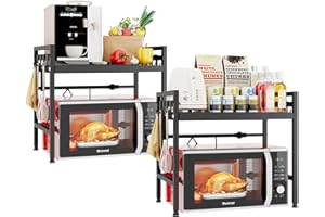 Mointal 2 Paquete Estante para Microondas, Soporte Ajustable para Microondas de 2 Niveles, Repisa Metálica de Cocina para Almacenaje en el Mostrador, Organizador para Microondas con Ganchos, Negro