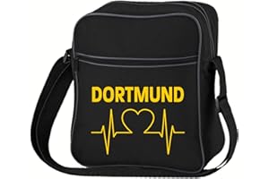 VIMAVERTRIEB® Retrotasche hoch Dortmund - Herzschlag - Druck: gelb - Tasche Umhängetasche Fußball Fanartikel Fanshop - schwarz/schwarz