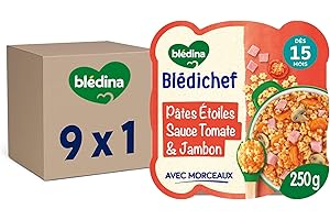 Blédina - Blédichef - Repas Bébé 15 Mois - 9 Plats Pâtes Etoiles Sauce Tomate Jambon - Petits Morceaux - Faible Teneur en Sel - Dès 15 Mois - 9 Assiettes de 250g