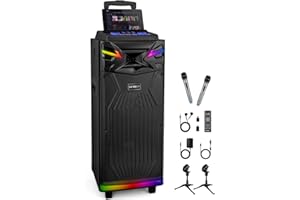 GEYGUY Casse karaoke professionale completo 2 ×10" woofer con 2 microfoni wireless, Altoparlante portatile Bluetooth per feste, Sistema PA, effetti sonori/luci DJ/radio FM per TV/proiettore GTSK210-1