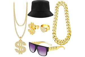 Dreamtop Hip Hop Costume kit 80s 90s Hip Hop Fancy Dress Rapper Fancy Dress Accessories with Disco Gold Dollar Sign Necklace Bracelet Rings Earrings Sunglasses for Women Men Hippie